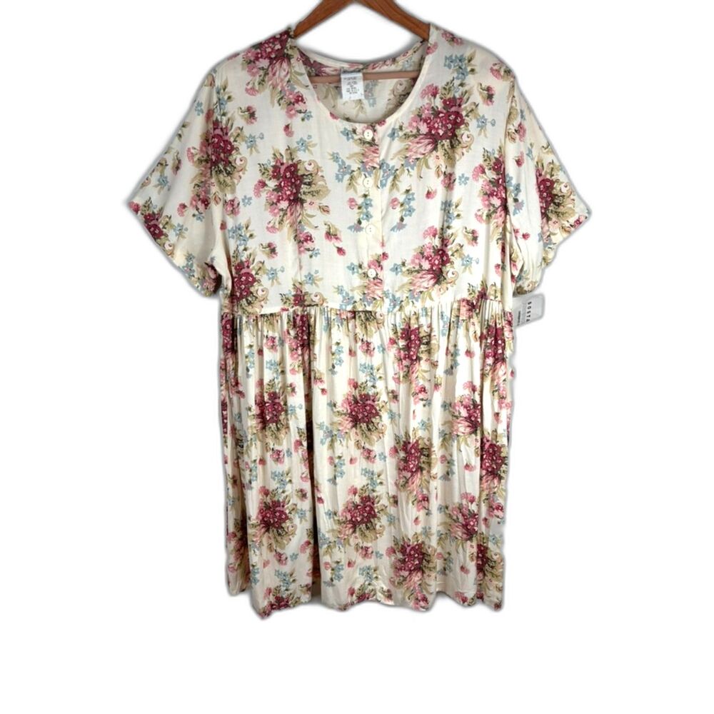 NWT VTG Sostanza Babydoll Dress 22W Floral Cottage Short Sleeve Button Deadstock